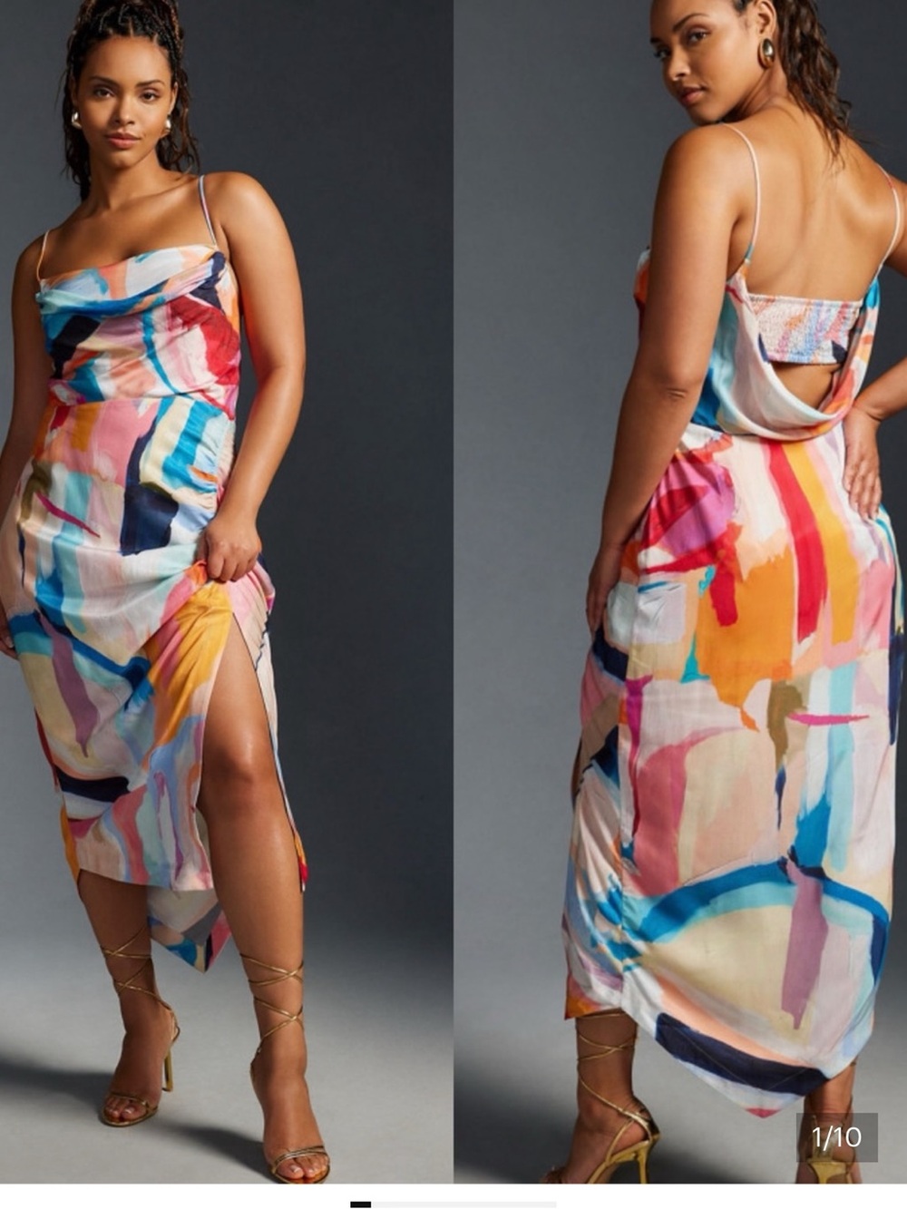Abstract Multi-Color Cowl Neck Slip Dress - Size 10. Excellent condition. $55